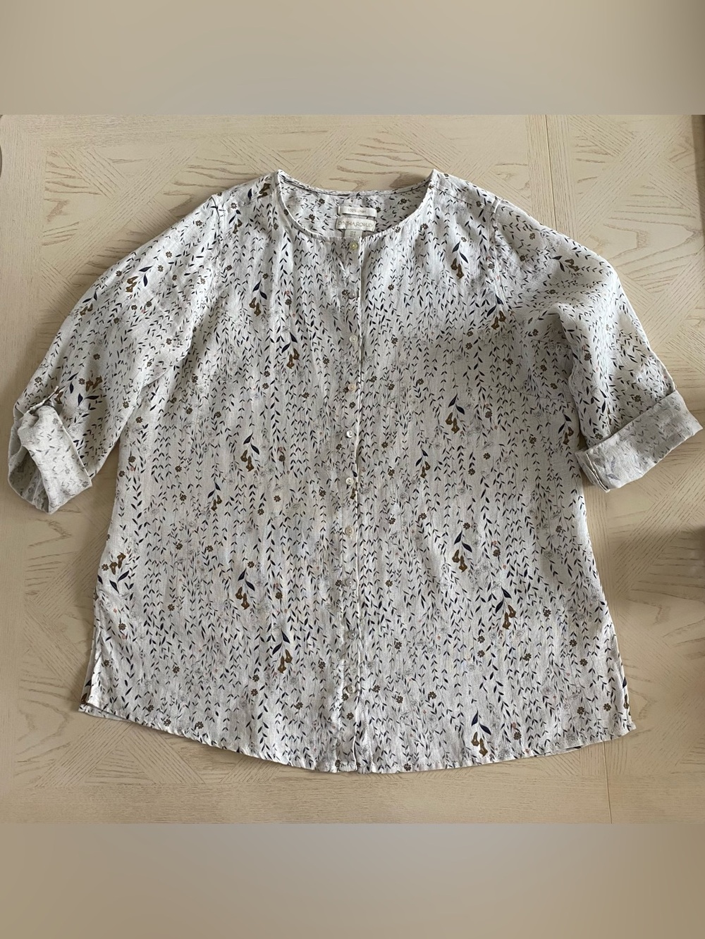 Cynthia Rowley Beige 100% LINEN Floral Print Tunic Blouse Roll-Tab Sleeve Sz 1X
